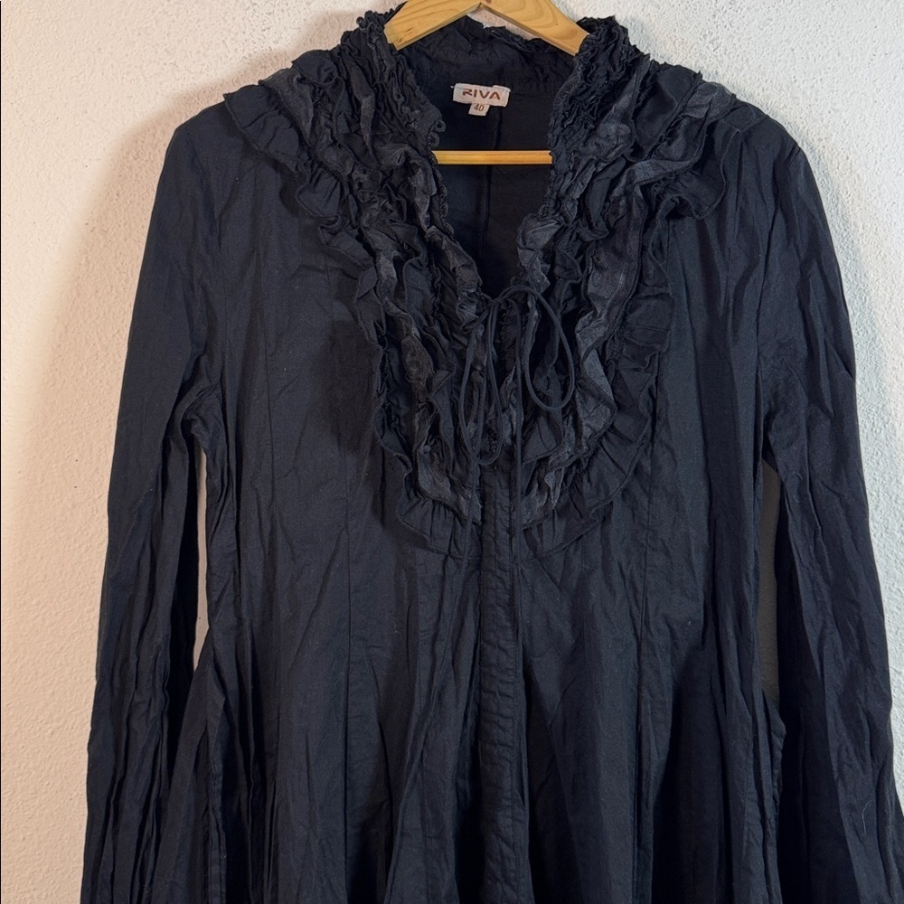 Riva Black Long-Sleeve Cotton Silk Dress with Ruffle size Large NWOT - Picture 3 of 11